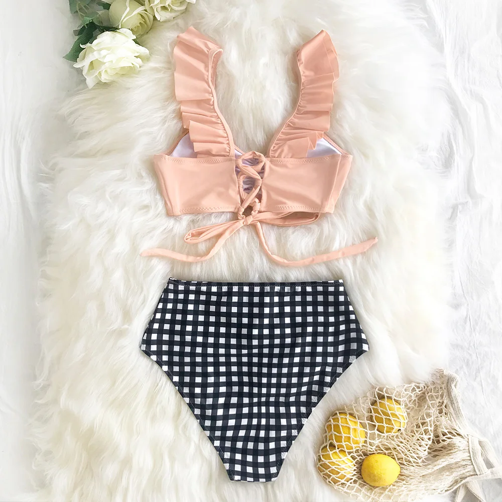 Женский купальник бикини CUPSHE голубой в полоску с высокой талией и оборками