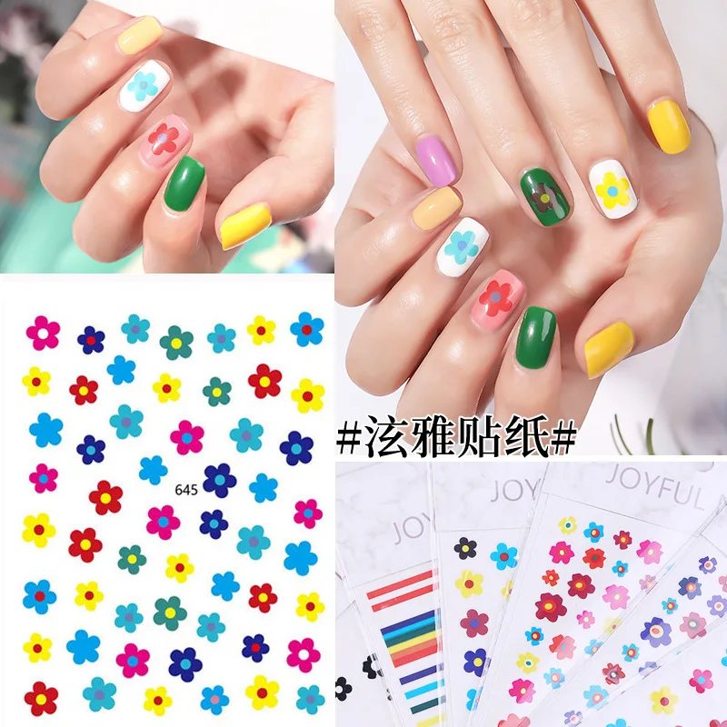 

Colourful Cartoon Strawberry Fruit Dot Line Forest Flower Small Fresh Flowers 3D Nail Stickers Hyuna Style Nail Patch Waterproof