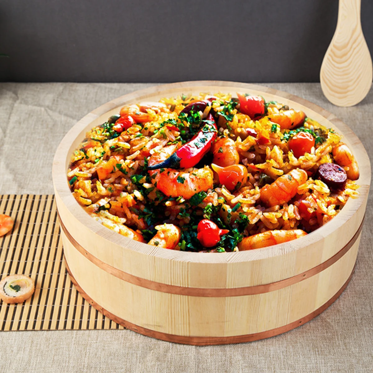 

1pc Wooden Japanese Sushi Rice Bucket Cuisine Sushi Rice Mix Bucket Korean Bibimbap Bucket Party Food Serving Supplies
