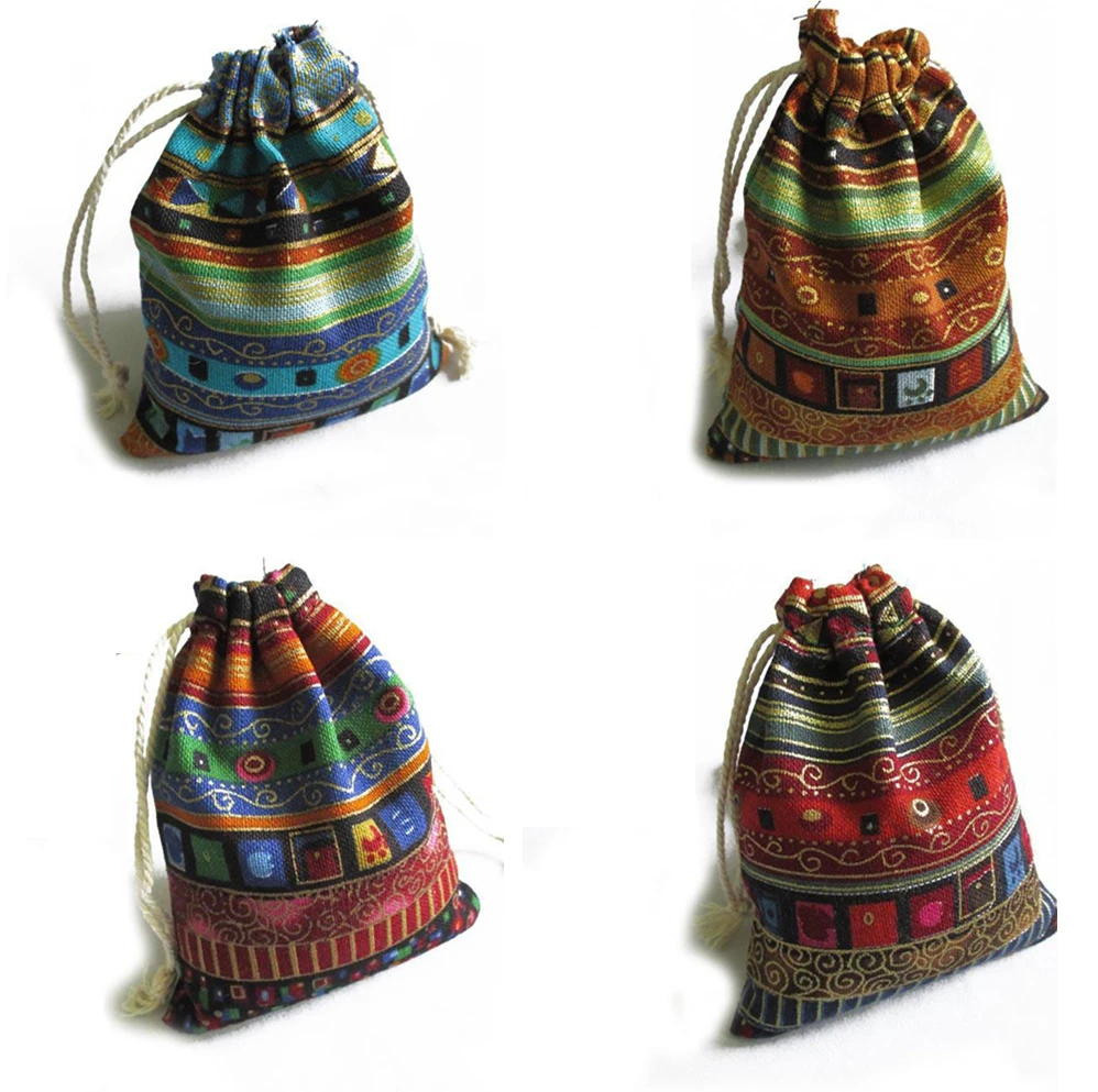 

3Pcs Cotton Gift Bags Multicolor Tribal Tribe Drawstring Jewelry Bags Pouches Package Storage Chinese Ethnic Style 9.5cm X12cm