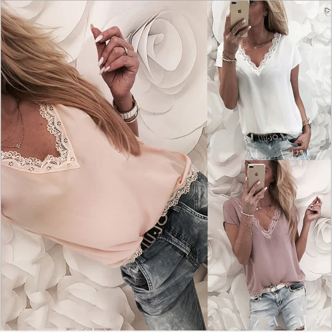 

2020 сексуальные женские топы с коротким рукавом Свободные Летние женские повседневные футболки с v-образным вырезом однотонные кружевные ло...