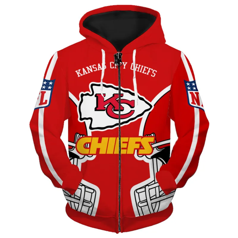 

Kansas City Men's cool football sportswear Red helmet white arrow print Chiefs 3D Zipper Hoodies