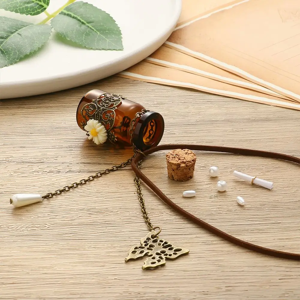 Ожерелье в стиле ретро с пробковой бутылочкой для желаний резной цветок Бабочка