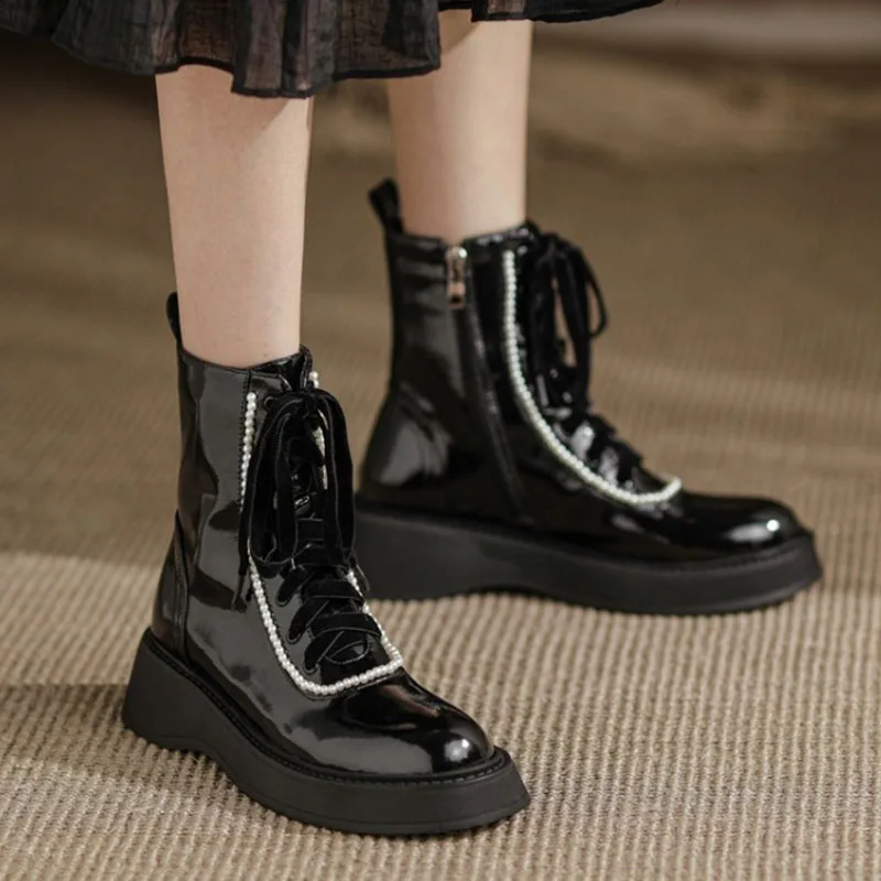 

Женские ботильоны на шнуровке Rimocy, модные черные мотоциклетные ботинки из искусственной кожи на платформе, осень 2021