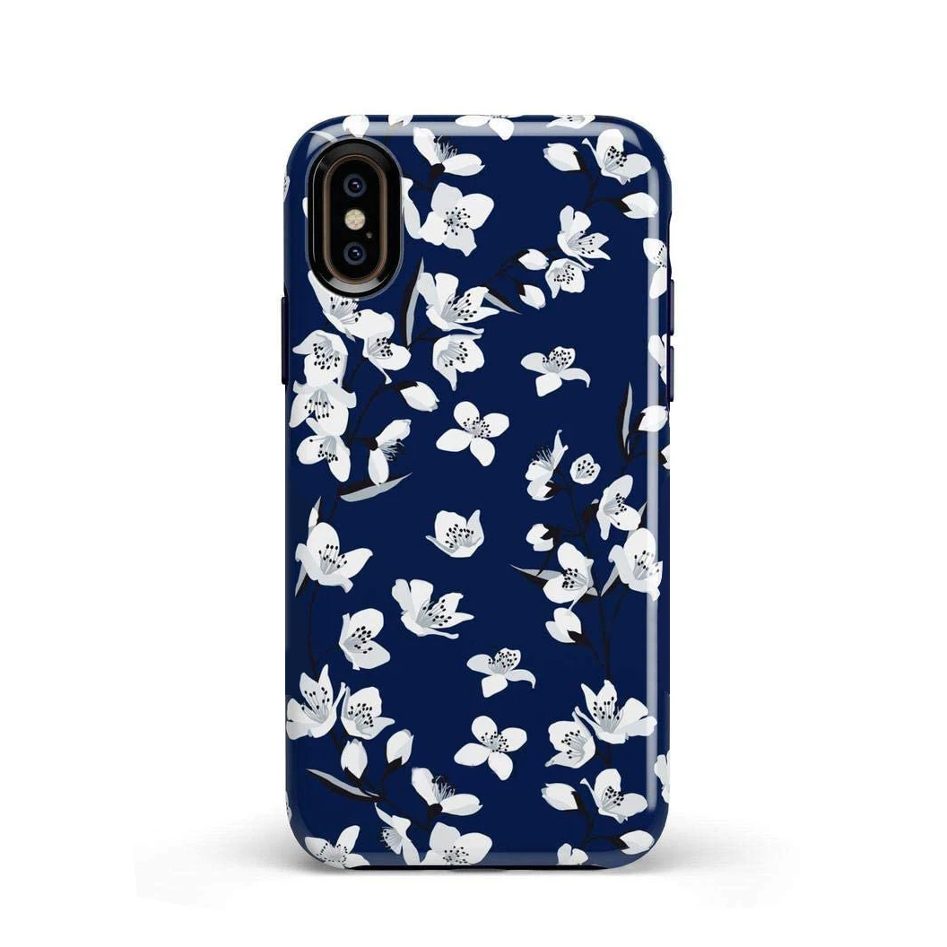 

Phone Case for iphone 11 12 pro mini 6 6s 7 8 plus X XS max XR Navy Cherry Blossom Floral Glass Hard TPU PC Mobile bags funda