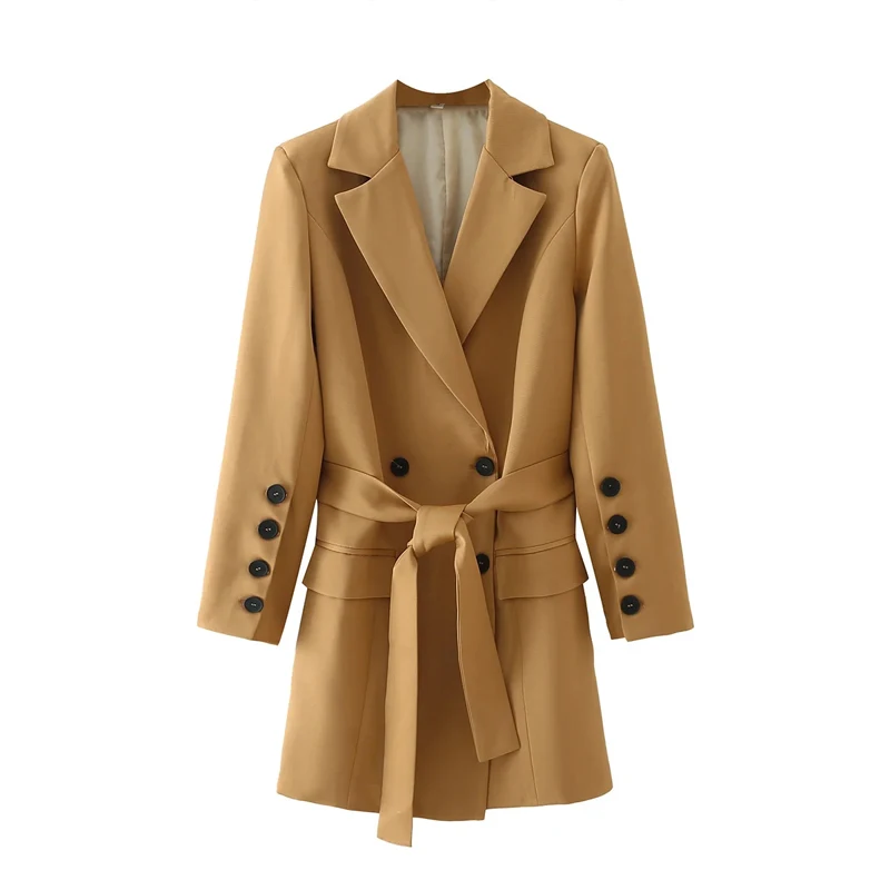 

2021 Autumn New Retro Women with belt long Blazer Double Breasted Long Sleeve Office Lady Coat Female Casual Brown Outerwear