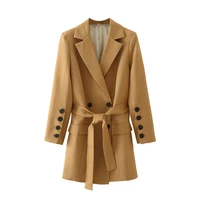 2021 autumn new retro women with belt long blazer double breasted long sleeve office lady coat female casual brown outerwear