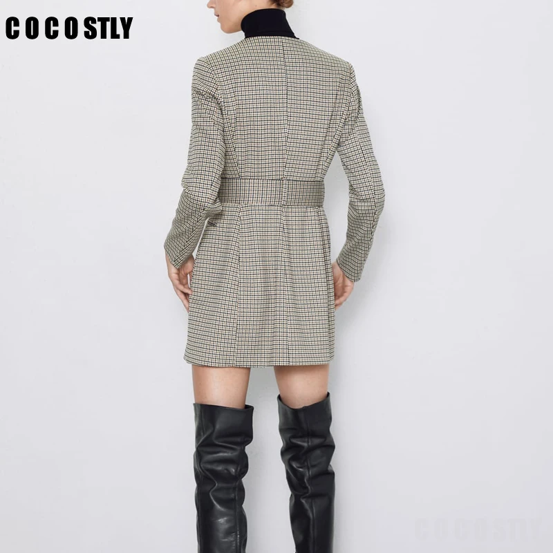 Женский винтажный костюм из твида с круглым вырезом и поясом|Женские пиджаки| |