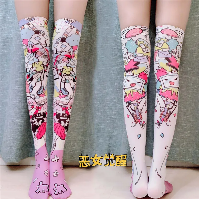 

Fashion 3D Printed Women Silk Stockings Thigh High Knee Anime Cartoon Elastic Personalized Cosplay Pink Thin Cute Girl Stockings
