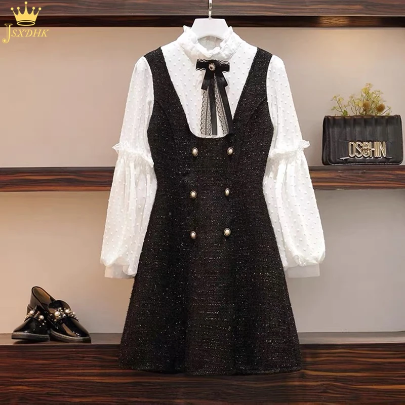 

2021Autumn Winter Fashion Stand Collar Chiffon Patchwork Tweed FakeTwo-Piece Dress Bow Button Puff Long Sleeve Dress Plus Size
