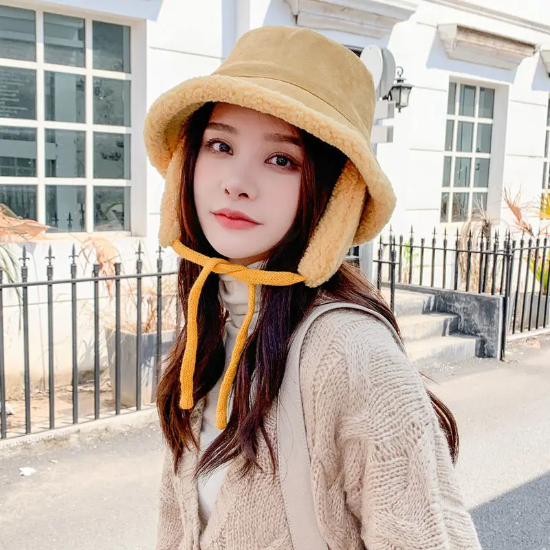 Women's Warm Winter Plush Cycling Ear Protection Bucket Hat Korean Lovely Basin Hat Student Russian Hats Fleece Fisherman's Hat