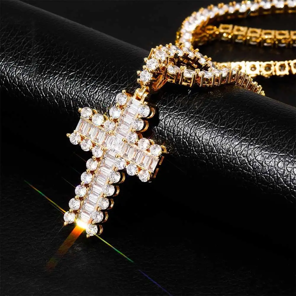 

New Shiny Zircon Baguette paved Cross Pendant Necklace Hip-hop Jewelry for Men Women Gold Silver Ice out CZ With Tennis Chain