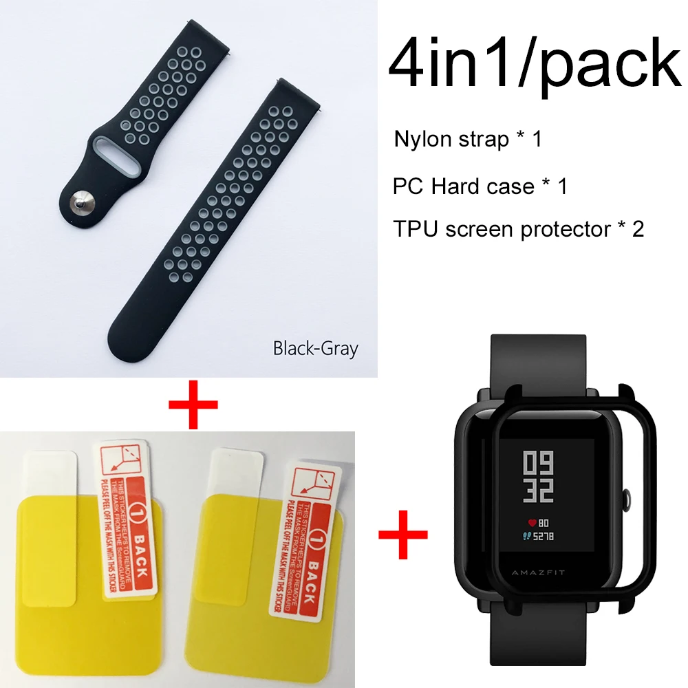black gray-black 4в1 для Xiaomi Huami Amazfit ремешок Bip мягкий спортивный браслет из силикона Smartwatch Браслет с PC чехол Защита экрана - Цвет: black gray-black