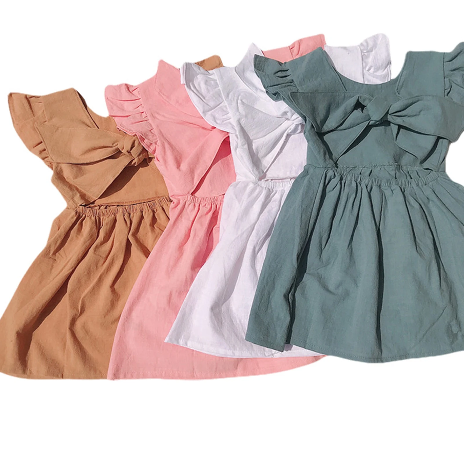 

Baby Girls Summer Pleated Fly Sleeve Dress round neck casual Fresh Solid Color Bow Backless Children A-line Princess Dresses