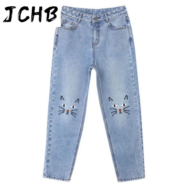 

2021 Nicemix Harajuku Denim Jeans Women Clothes Fashion Embroidery Cats Pants with Pockets Korean Casual Trousers Jean Femme