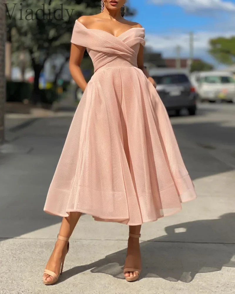 

Off Shoulder Criss-Cross Design Short Sleeve Wrap Dress Women Solid Color V-Neck Slim Midi Dress