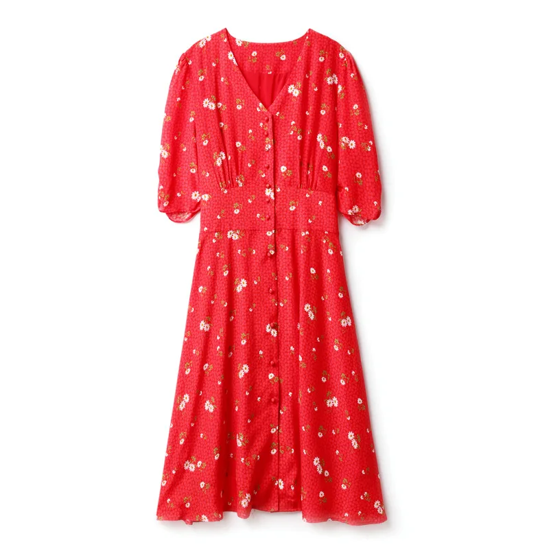 

2021 Original Design Luxury Pure Silk Red Print Women Dress Elegant Office Lady Y2k Dress Summer Dress Women Free shipping