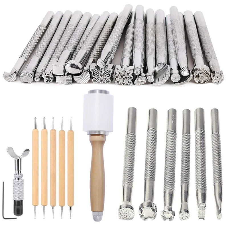LMDZ Leather Craft Tools Kit Stitching Stamping Embossing Punch Saddle Groover Carving Hammer Set For Leather Working