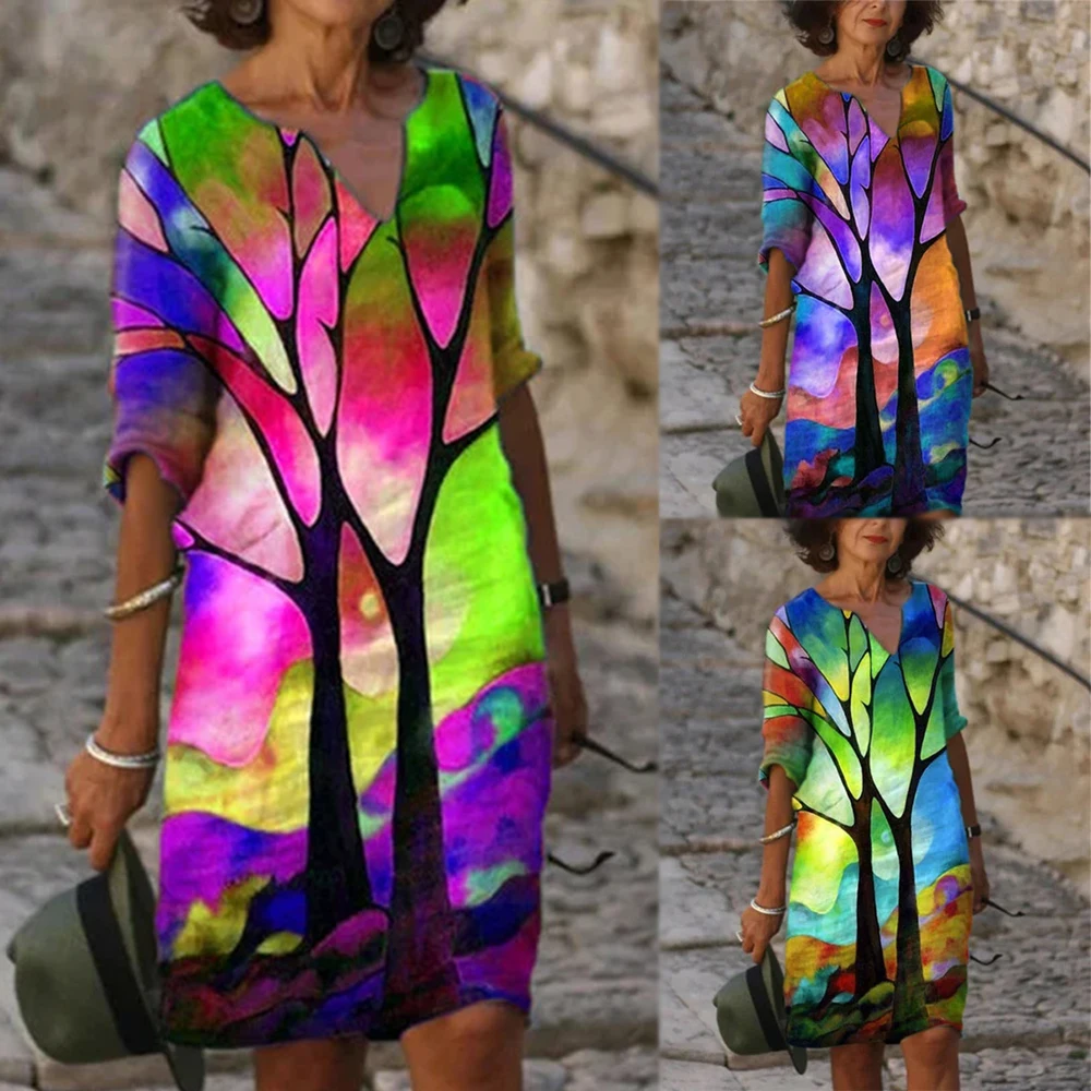 

JIAYAN Loose Short Sleeves Pulllover Dress Casual Big Size Party Dress Spring Fashion O-Neck Print Smooth Women's Clothing