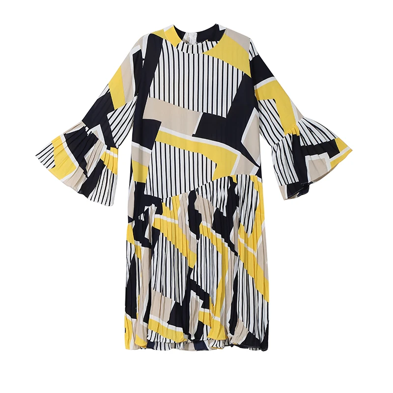 

2021 Spring New Plus Size Striped Dress Women's Slimming Loose Printed Round Neck Pleated Dress Women Bohemian Mid-Length Dress