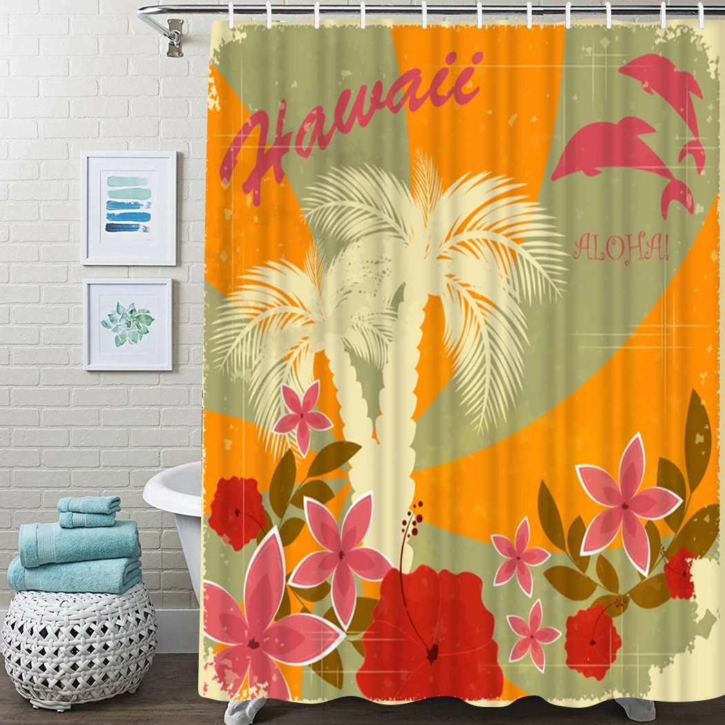 

Vintage Hawaiian Shower Curtain Party Floral Waterproof Bathroom Shower Curtain Tropical Palm Bathroom Shower Curtain With Hook