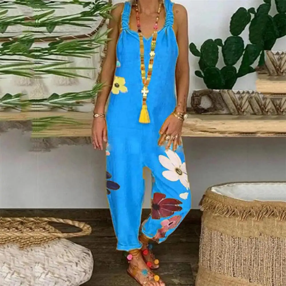 

Summer Casual Women Sleeveless Bib Overall Backless Floral Print Loose Jumpsuit Dungarees