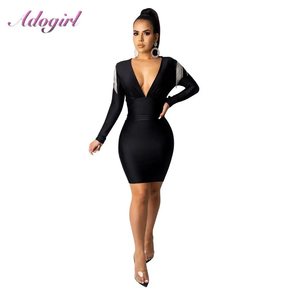 Женское облегающее платье мини с длинным рукавом элегантное однотонное вечернее