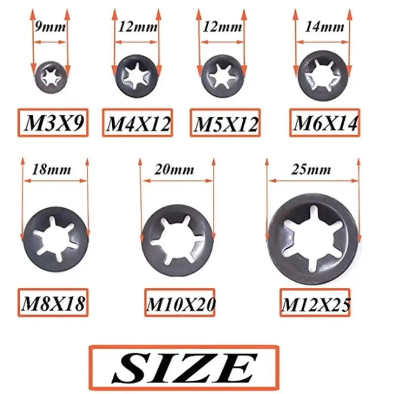 

260PCS/Set Metal Starlock Push-on Locking Washer Fastener Star Nut Assorted Kit Home Improvement Accessories M3 M4 M5 M6 M8 M10