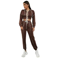 womens sexy lacing front splicing hoodie pants set hollow bodysuit two pieces