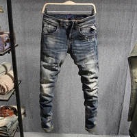 italian style fashion men jeans retro blue distressed wash elastic slim fit ripped jeans men vintage designer casual denim pants