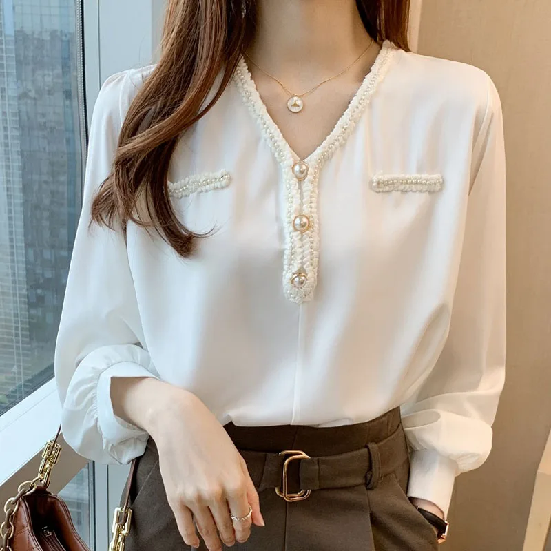 

V-Neck Long Sleeve Shirt Women's Bottomed Tops Mujer Blusas Female White Black Beading Chiffon Office Lady Solid Lady Tops 2349