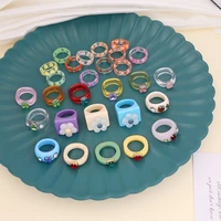 2021 new transparent resin acrylic rhinestone colourful geometric square round rings set for women jewelry party gifts