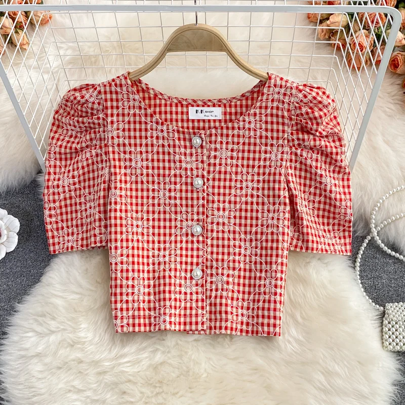 

O-neck Plaid Puff Sleeve Short Shirt Women's Summer New French Design Sense Girl Casual Top Fashion Short Blouse