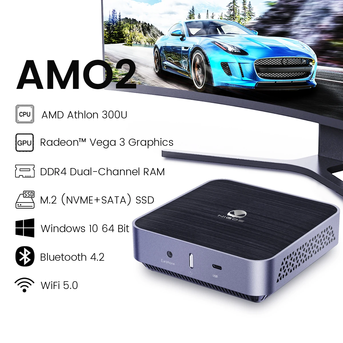

Мини-ПК UNIWA AMO2, 128 Гб/256 ГБ, AMD Athlon 300U, 8 Гб ОЗУ, Windows 10, двойной 5G, Wi-Fi, настольный ПК, 4 USB3.0, 1 порт HDMI, RJ45