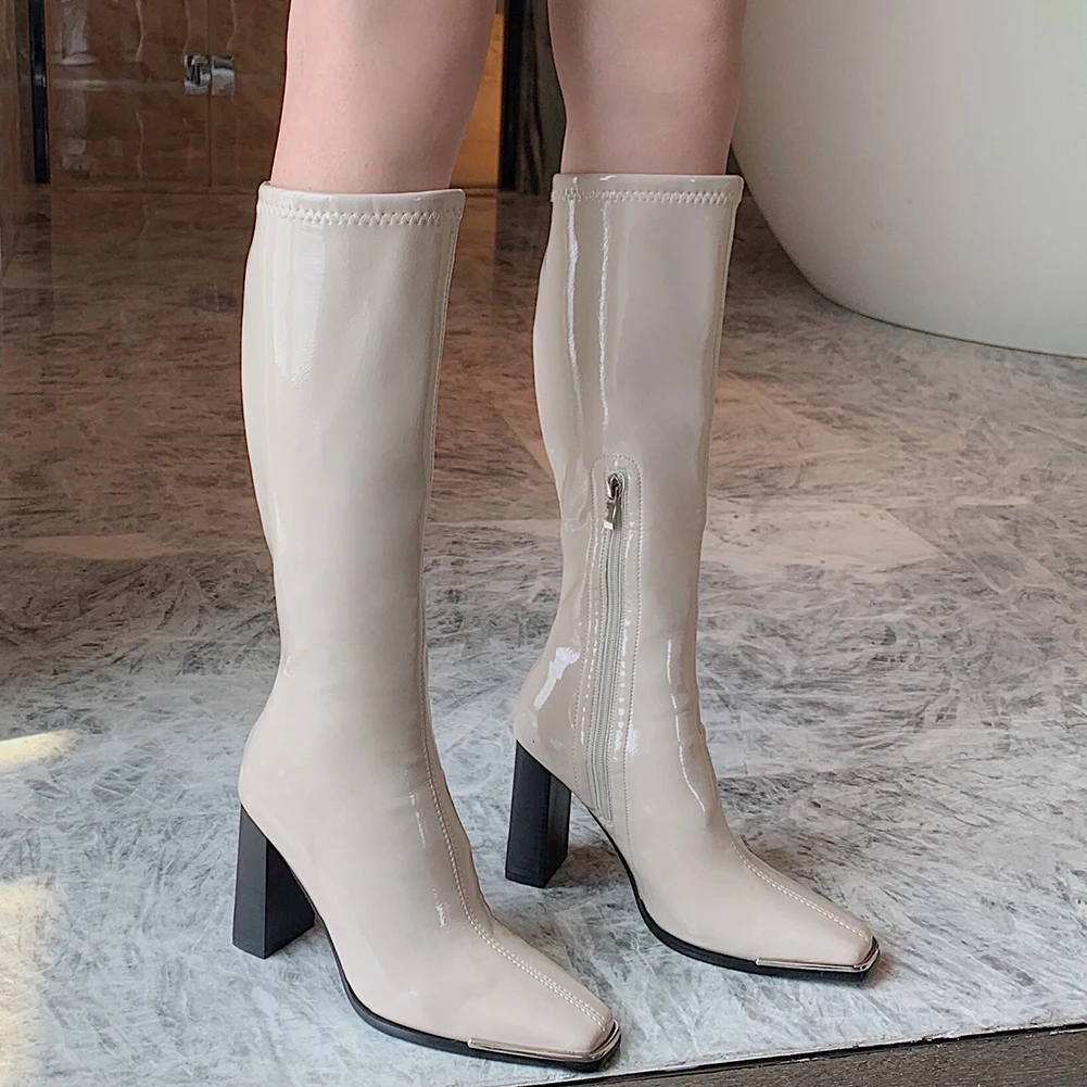 female chelsea boots metal design 2021 hot sale fashion brand knee high boots for women high qulaity chunky heel womens shoes free global shipping