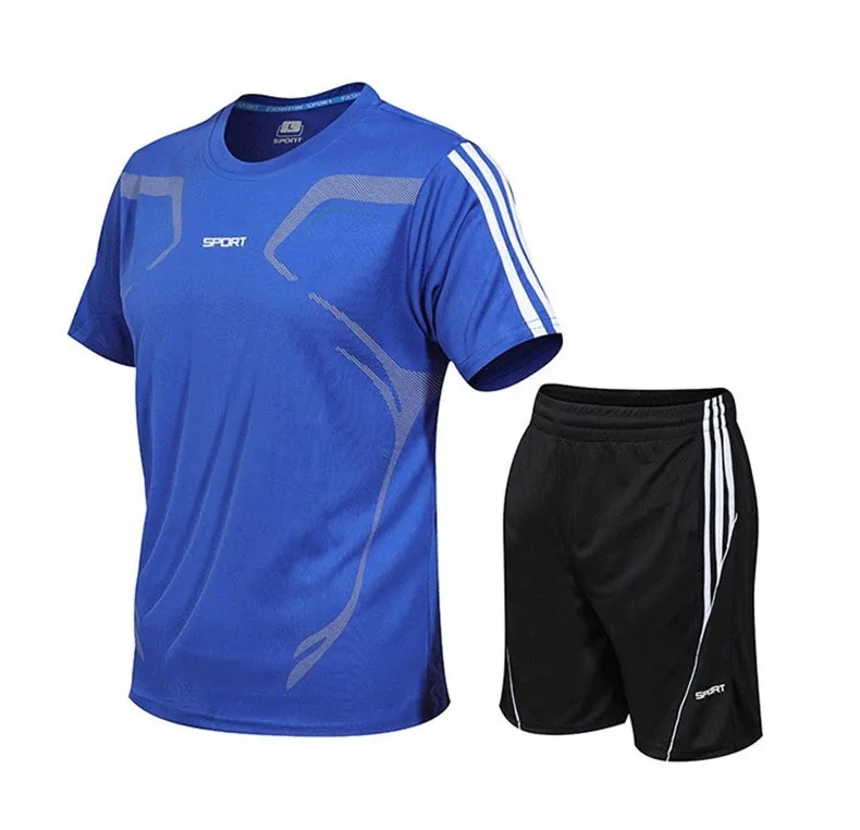 Blue Спортивные костюмы, мужская спортивная одежда, футболки+ штаны, комплекты для бега, Мужская одежда, лето, новые бегуны, тренировочные костюмы для спортзала, фитнеса - Цвет: Blue