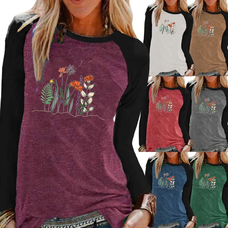 

Autumn and Winter Women Clothing Fashion Printing Gtraphic Tee Round Neck Elegent Raglan Long Sleeve Loose Casual Shirt Tops