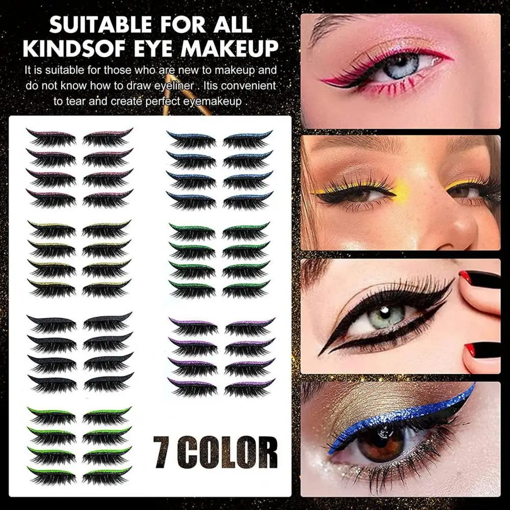 

4 Pairs False Eyelashes Reusable 2 in 1 Eyelash Artificial Fiber Instant Winged Outline Glitter Eyeliner Stickers for Women