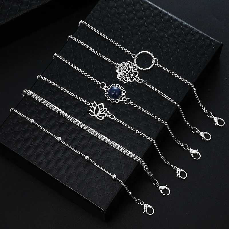 

6Pcs/set Vintage Gem Lotus Bracelet for Women Flower Chain Boho Bangles Bracelets Set Simple Beaded Female Jewelry