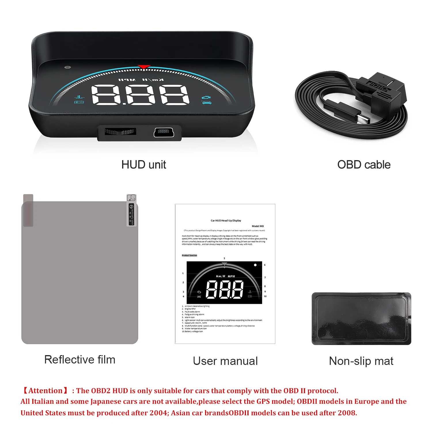 

Car OBD2 HUD LED Front Display, OBD Windshield Projector Speed Scanner, Fuel Alarm, Tool M8 3.5 inch
