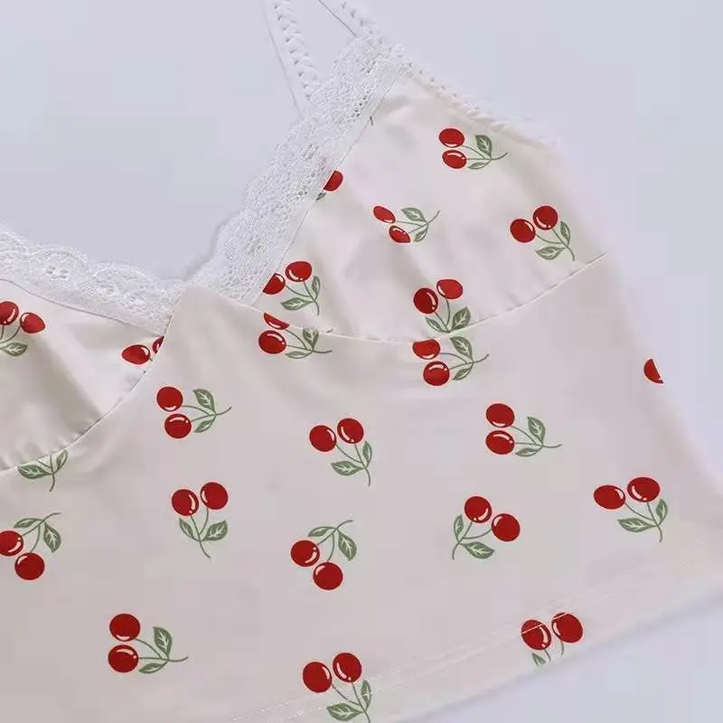 

2021 New Sexy Tight Summer Cherry Print Lace Edge Wear Vest Style Fashion Exposed Navel Camis Vest