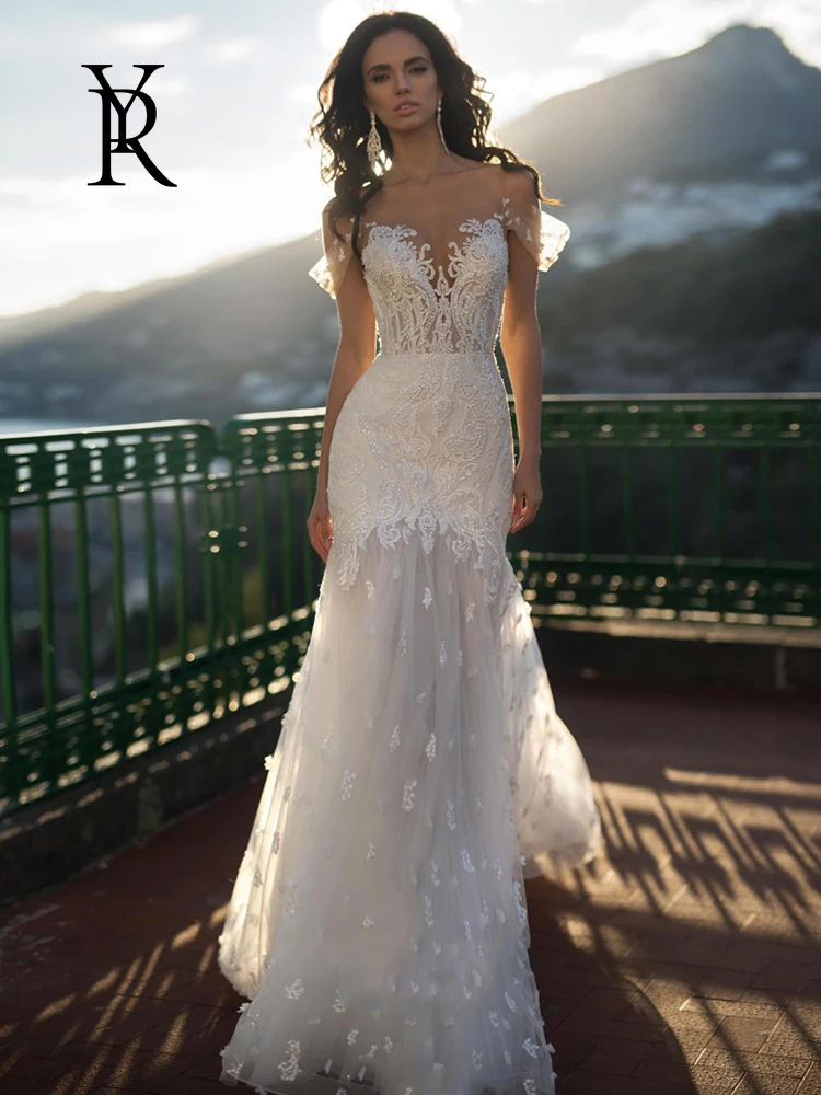 

YILIBER Mermaid wedding dress v-neck white embroidery applique wedding gown buttons on the back retro bridal dresses