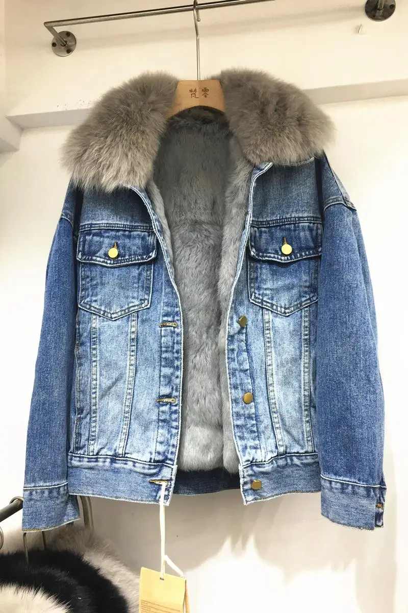 

Real fur thicker denim jacket female 2019 winter new real rabbit fur liner detachable fur padded warm jacket