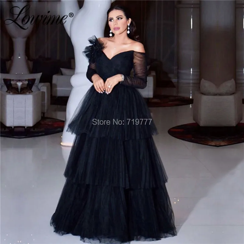 Черное платье с открытыми плечами Иллюзия вечерние одежда длинным рукавом
