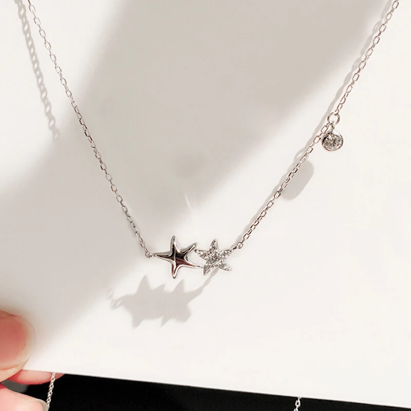 Оптовая продажа Серебряный цвет двойная звезда Подвеска Ожерелье AAA циркон