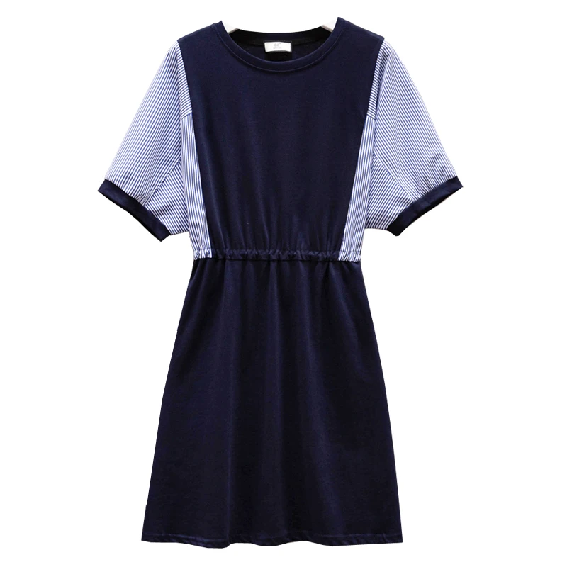 

EHQAXIN 2021 Summer Women's Dress Fashion New Style Striped Stitching Short Sleeve Contrast Color Loose Straight Dresses L-4XL