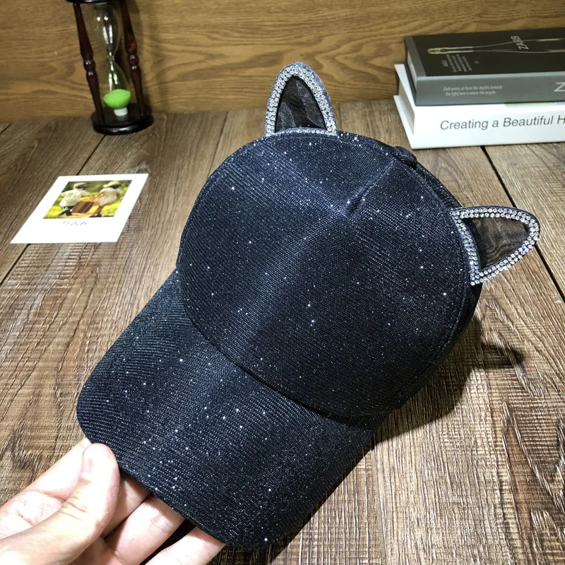 Women Girl Baseball Cap Snapback Trucker Sun Hat Cat Ears Rhinestone Cute Fashion Streetwear Adjustable Strap