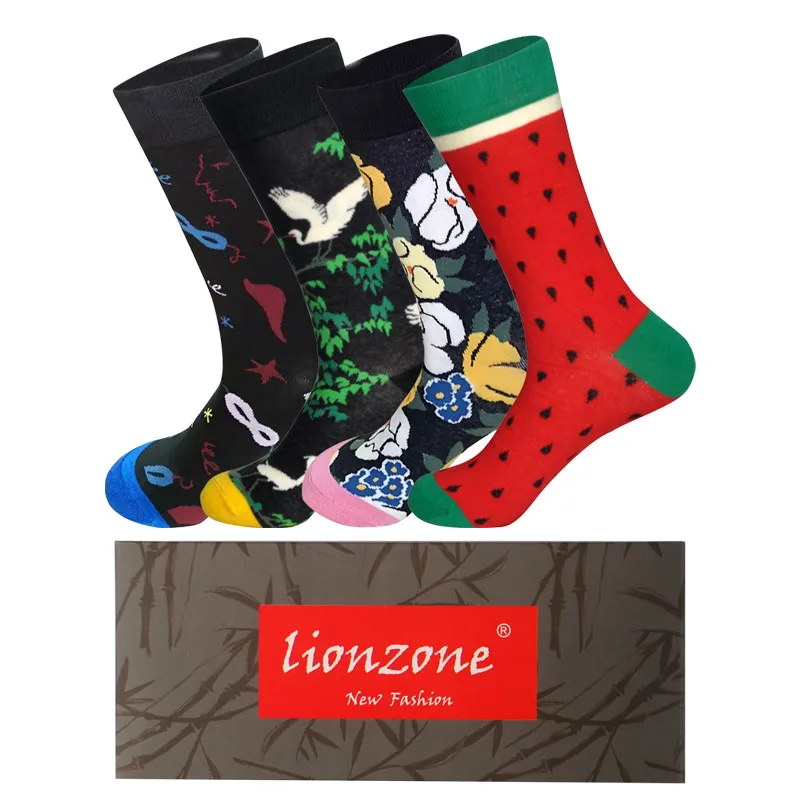 LIONZONE, 4 пар/лот, весна, Новое поступление, носки для мужчин, художественный стиль, уличная мода, хип-хоп дизайн, счастливые носки+ Бесплатный подарок - Цвет: C4-Box