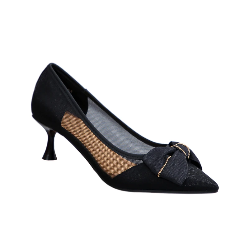 

Summer New Fashion Women's Shoes Pumps Mesh Bow-Knot High Heel Pointed Toe Dress Female Casual Stiletto Sexy Black Party Sandals