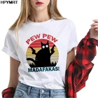 Женская футболка с принтом в виде черного кота и пистолета Pew Madafakas, футболка с коротким рукавом, одежда